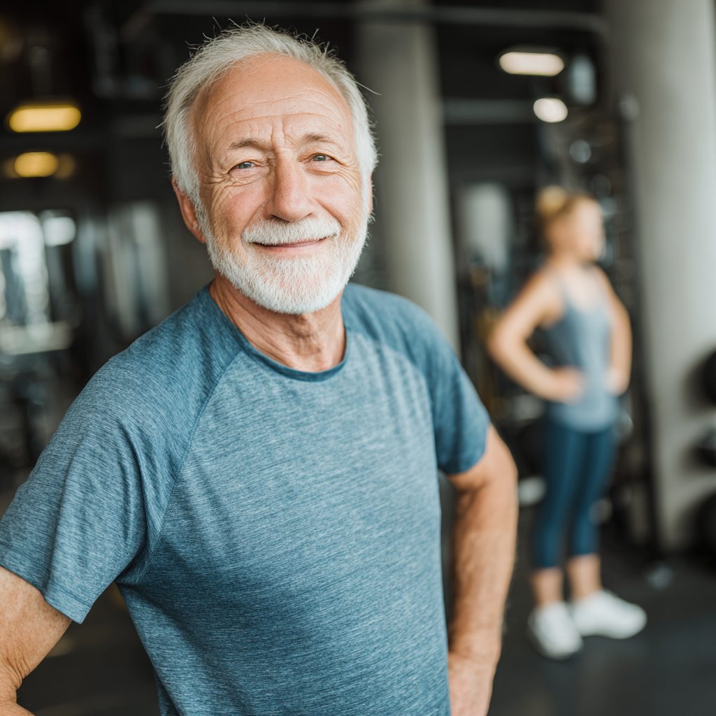 Confident middle-aged European man in fitness attire holding dumbbells with a determined smile in a modern gym setting