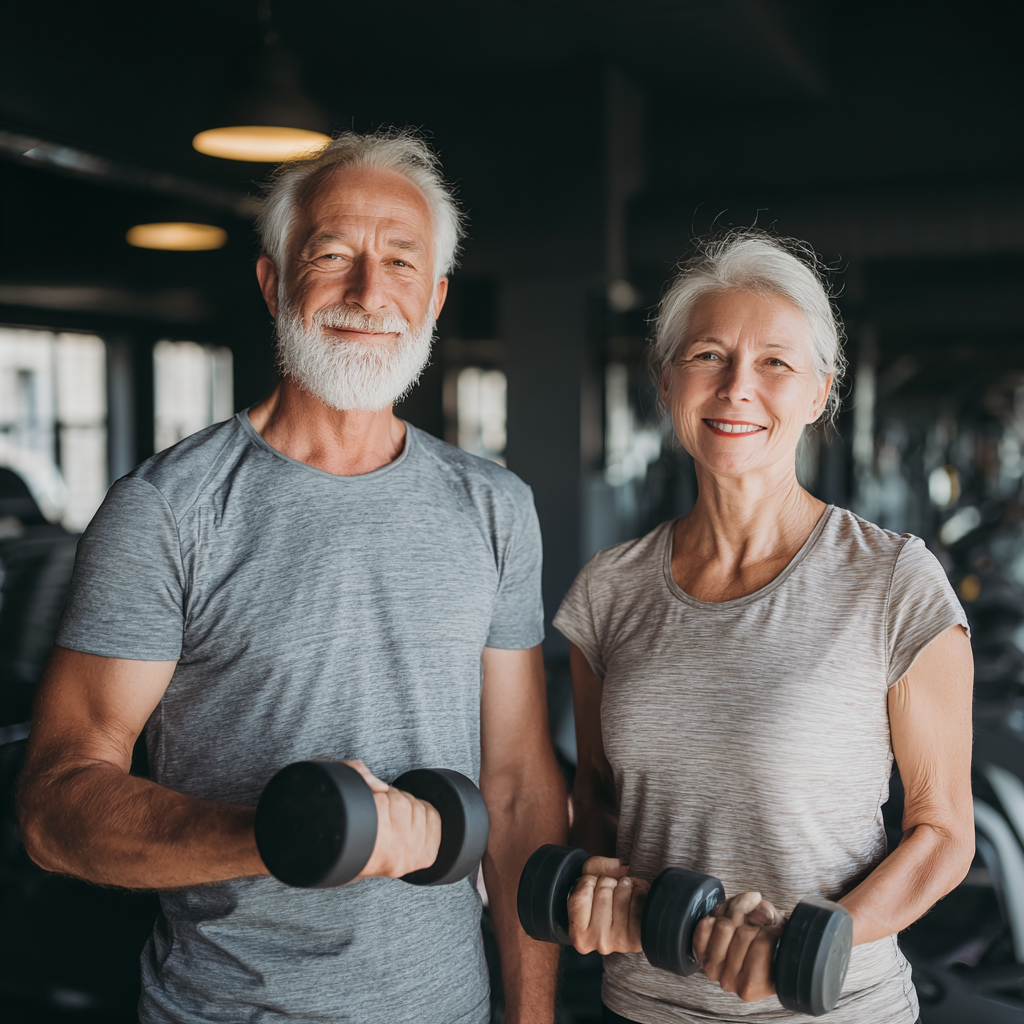 Happy elderly European woman in sportswear stretching outdoors with a bright smile and positive energy